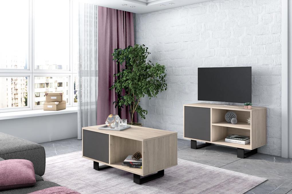 Móvel de TV 100 com porta esquerda, sala de estar, modelo WIND, estrutura de cor Carvalho, porta de cor Cinza antracite, medidas 95x40x57cm de altura.