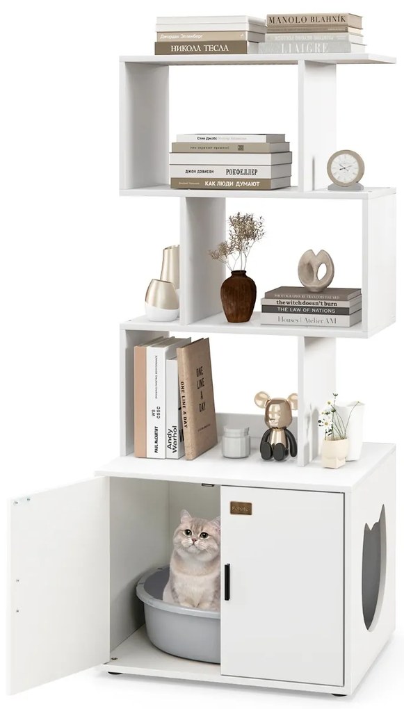 Móvel de caixa areira oculta para gatos com 3 prateleiras abertas, entrada lateral e portas 60 x 45,5 x 142 cm Branco