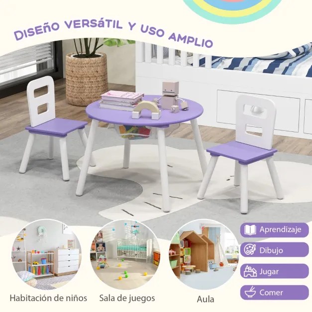 Conjunto de mesa e cadeira redonda para crianças Conjunto de 3 peças com mesa de actividades em madeira e centro de rede Acessórios de decoração roxo