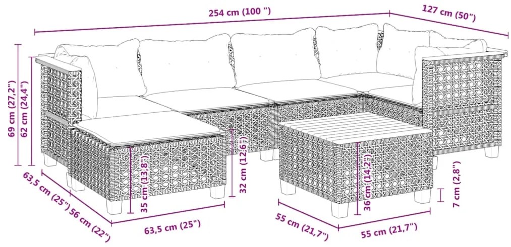 7 pcs conjunto sofás p/ jardim c/ almofadões vime PE cinzento