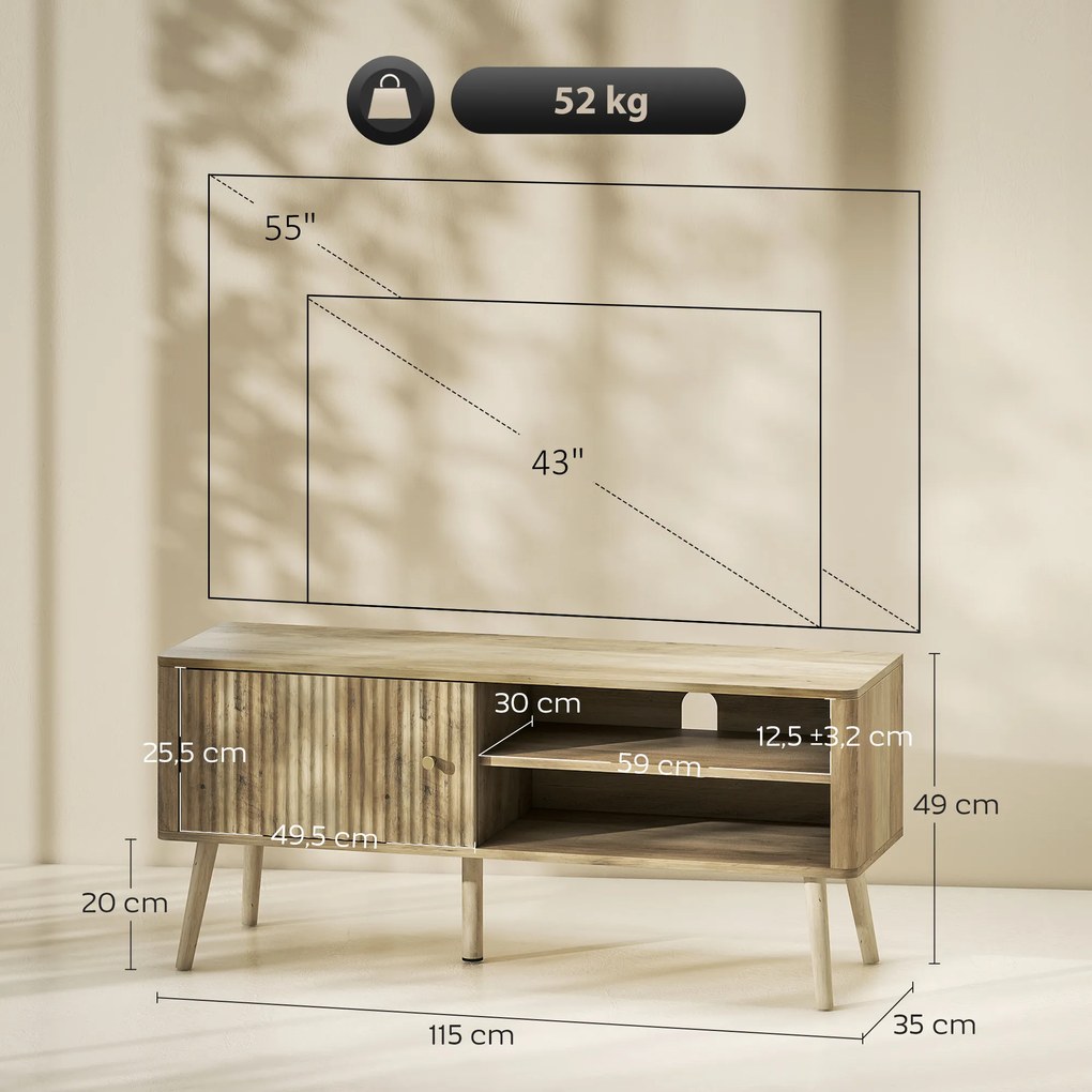 Móvel de TV para Televisão até 55 Polegadas com Porta Acanalada Prateleira Ajustável Compartimentos Abertos 115x35x49 cm cor Carvalho