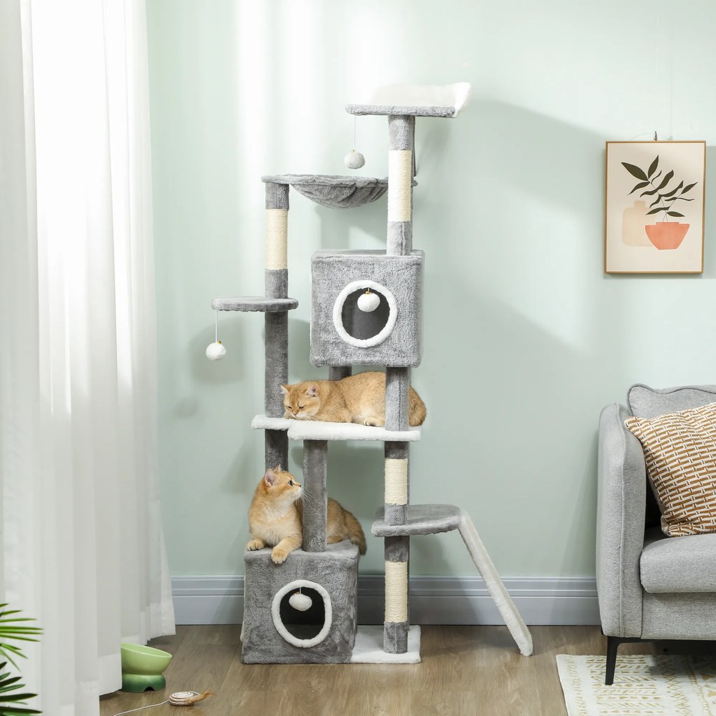 Arranhador para gatos com torre de brincadeiras, centro de atividades, 2 compartimentos abertos, plataformas, rede, escada e 4 pompons, 165 cm, cinzen