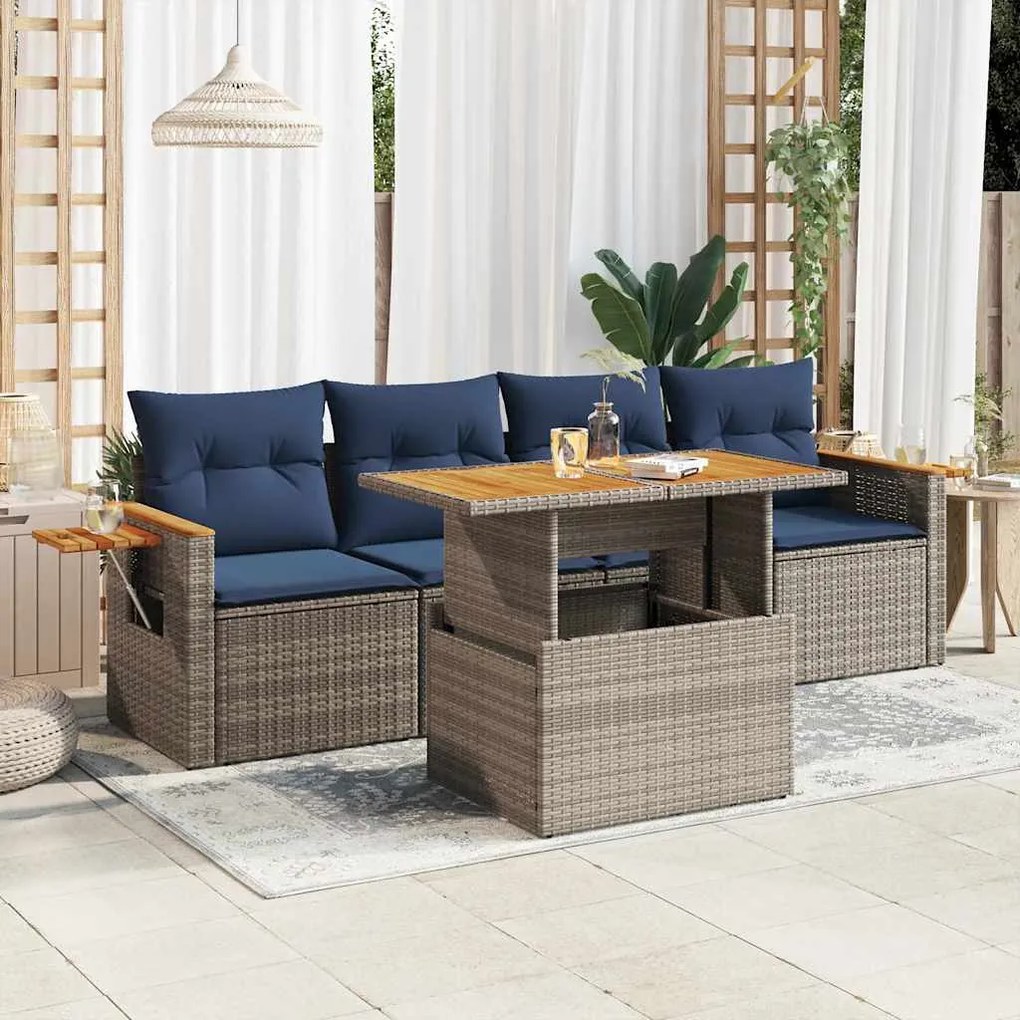 5 pcs conjunto sofás de jardim c/ almofadões vime PE cinzento