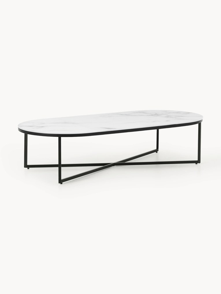 Mesa de centro oval com tampo de vidro com aspeto de mármore Antigua