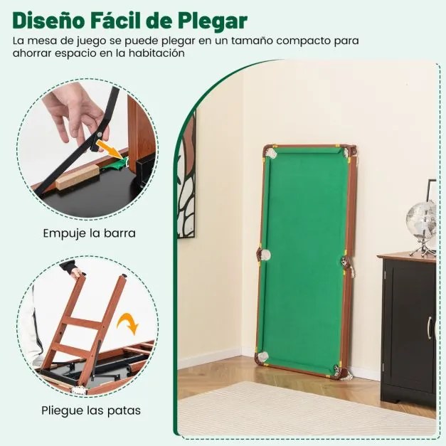 Conjunto de mesa de bilhar dobrável portátil com pernas dobráveis Niveladores de pés ajustáveis Cantos protegidos a couro 2 bolas de giz