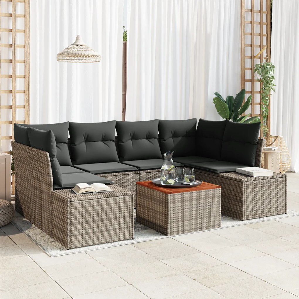 vidaXL Conjunto de Sofá de Jardim 7 Peças com Almofadas Cinza Rattan de Polietileno Acácia