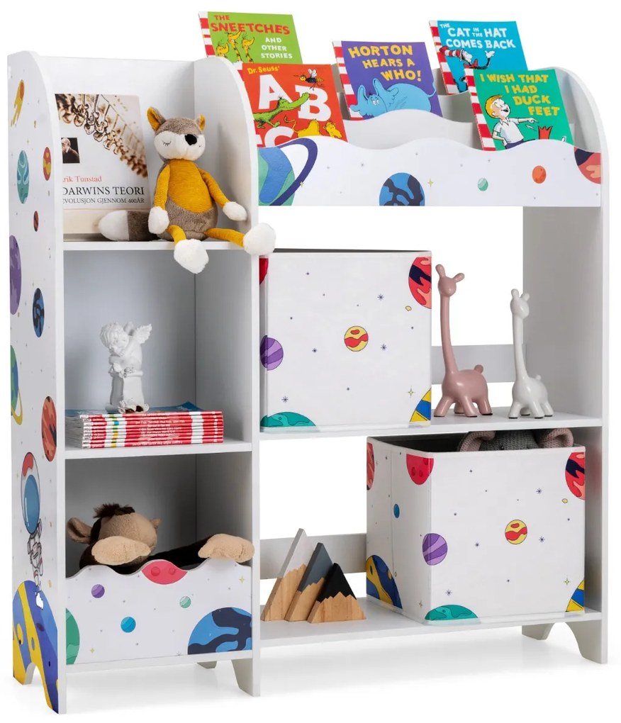 Armário organizador para crianças com 3 níveis 5 compartimentos e 2 gavetas para brinquedos em tecido 93 x 30 x 102 cm Tema Astronauta branco