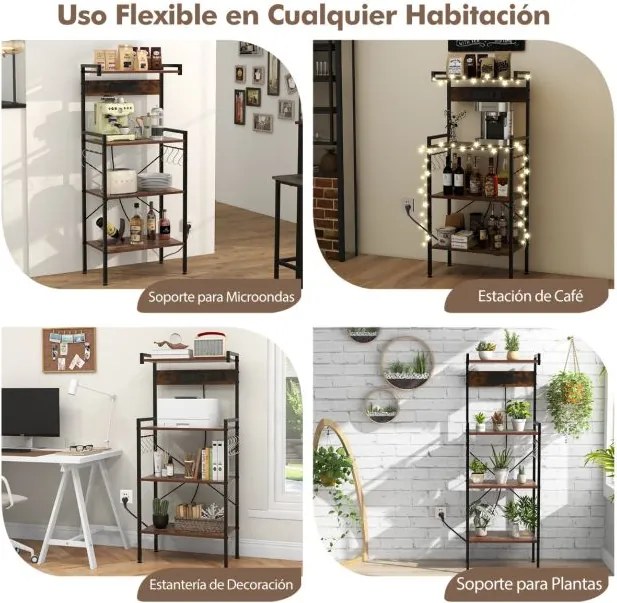 Armário de cozinha com tomadas Estante de micro-ondas de 4 níveis com 8 ganchos 59 x 34 x 136 cm Castanho
