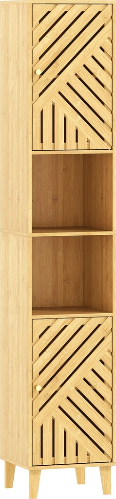 HOMCOM Coluna de Casa de Banho Estreita Armário de Casa de Banho Alto com Portas e Pés de Bambu 32x30x170 cm Madeira | Aosom Portugal