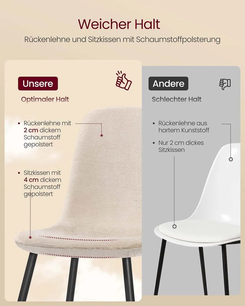 Conjunto de 4 cadeiras de sala de jantar em tecido 55 x 43,5 x 85,5 cm branco creme