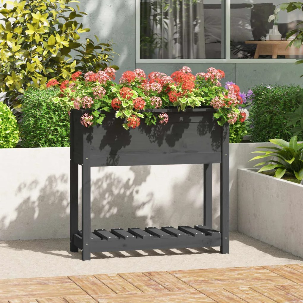 vidaXL Vaso/floreira com prateleira 82,5x34,5x81 cm pinho maciço cinza