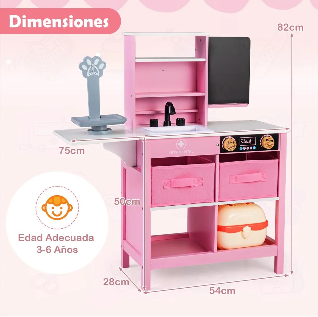Centro Médico de Brincar de Madeira para Crianças 75 x 28 x 82 cm com Quadro Branco Balança para Animais de Estimação Torneira e Vários Acessórios Ros