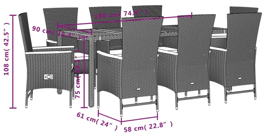 9 pcs conjunto de jantar p/ jardim c/ almofadões vime PE preto