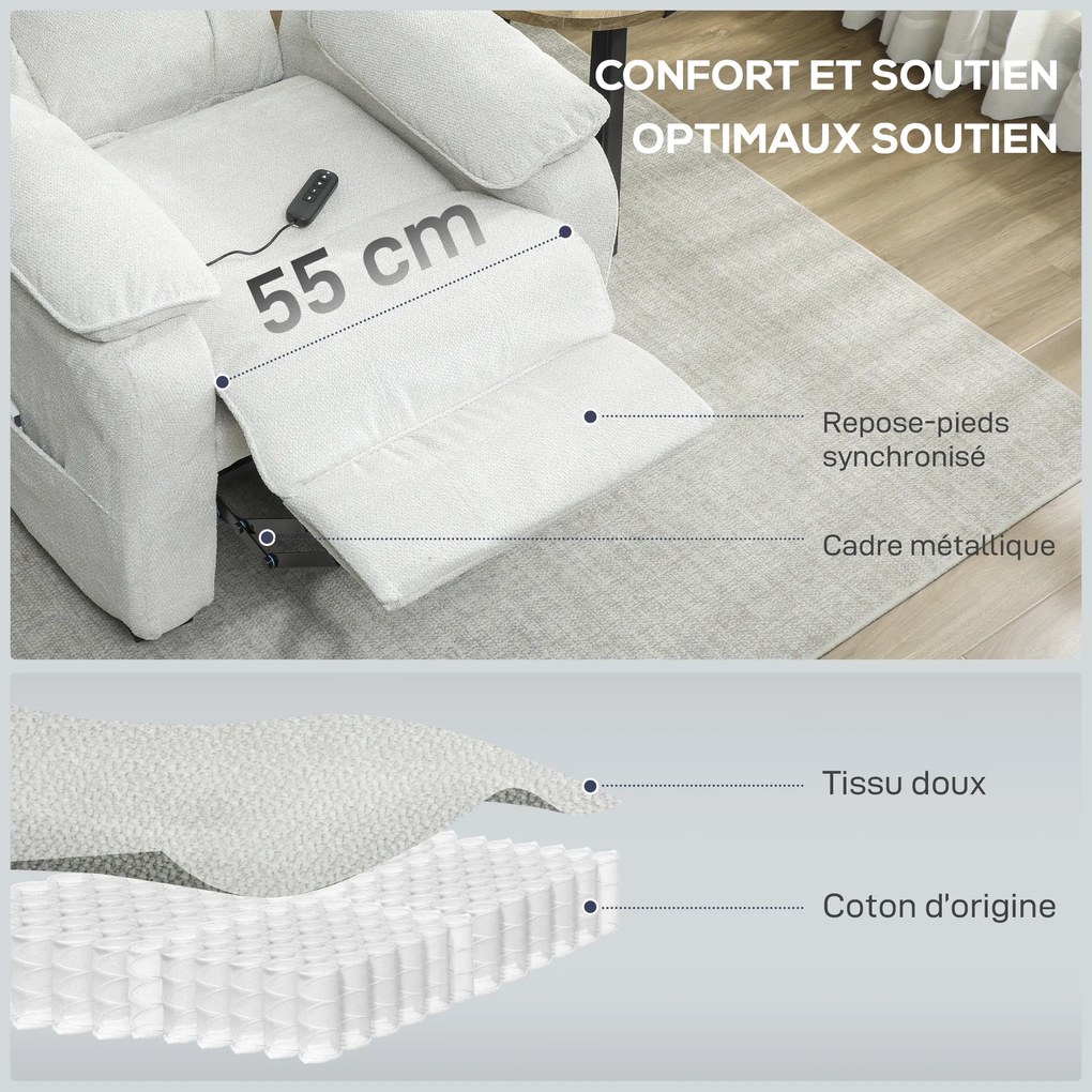 Poltrona relax elétrica, reclinável, com porta USB, apoio para os pés, bolsos laterais e comando à distância, 86x90x103 cm, cor creme
