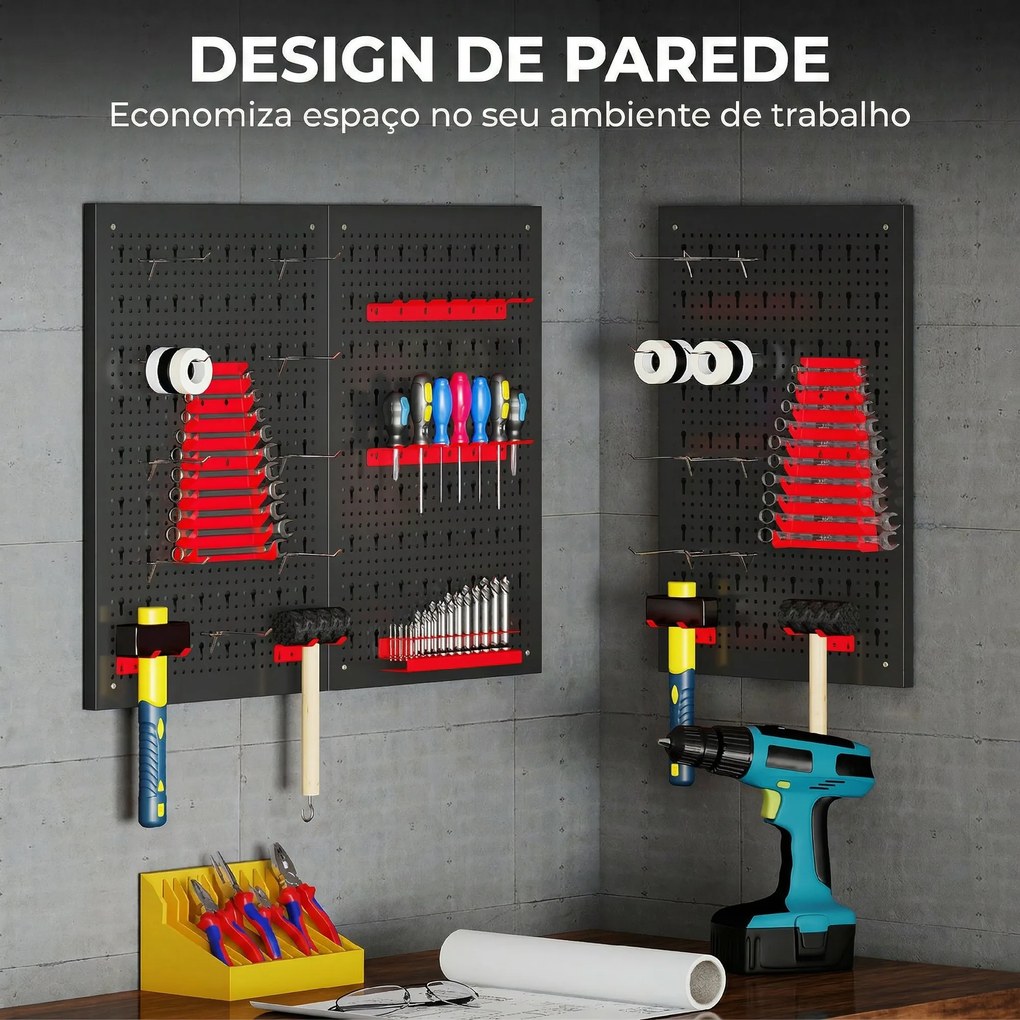 Organizador de Ferramentas de Parede com 28 Peças cada painel 60x40 cm com Ganchos e Suportes Preto e Vermelho