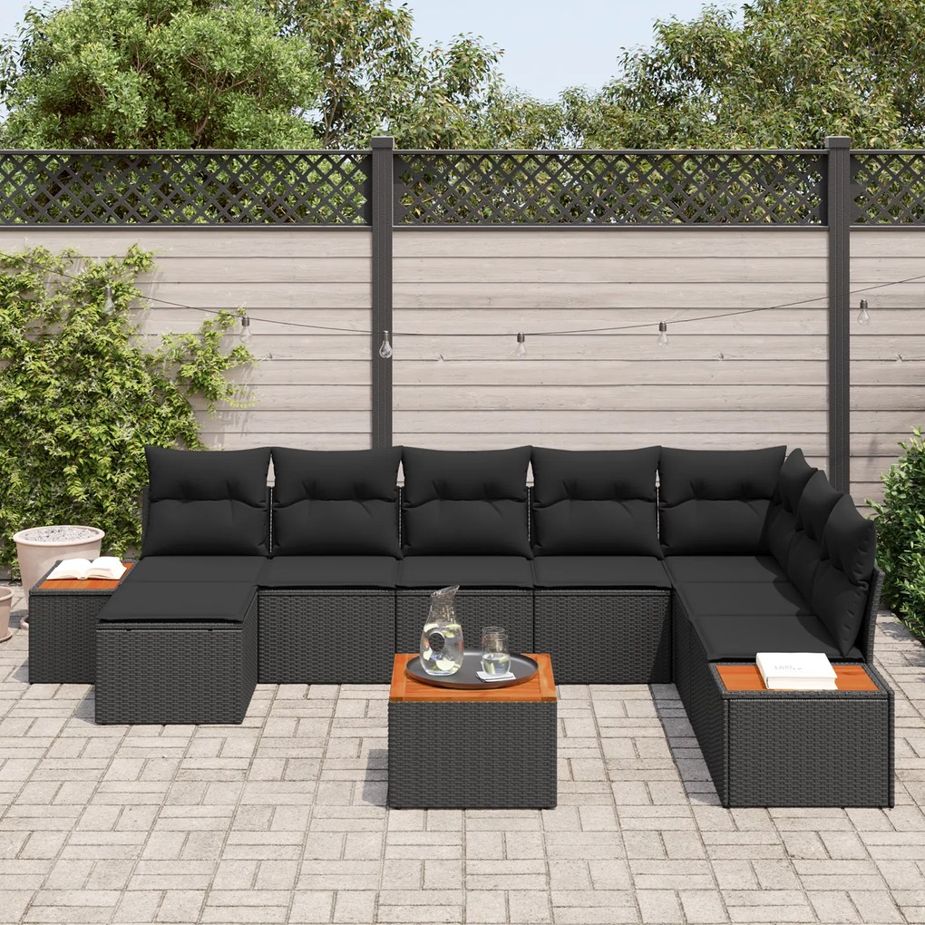Conjunto de Sofá de Jardim de 9 Peças com Almofadas Rattan Poliéster P