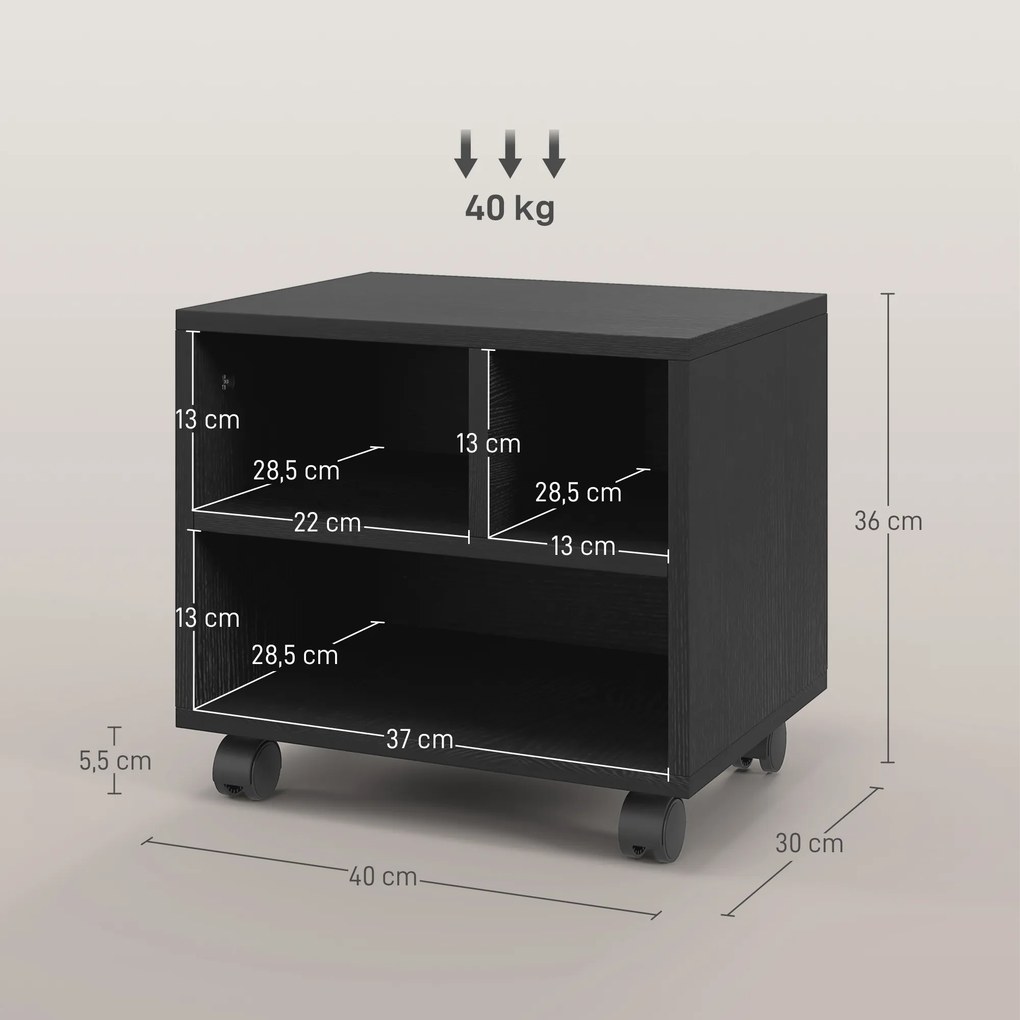 Móvel para Impressora com Rodas Suporte para Impressora com Compartimentos Abertos para Escritório Estúdio 40x30x36 cm Preto