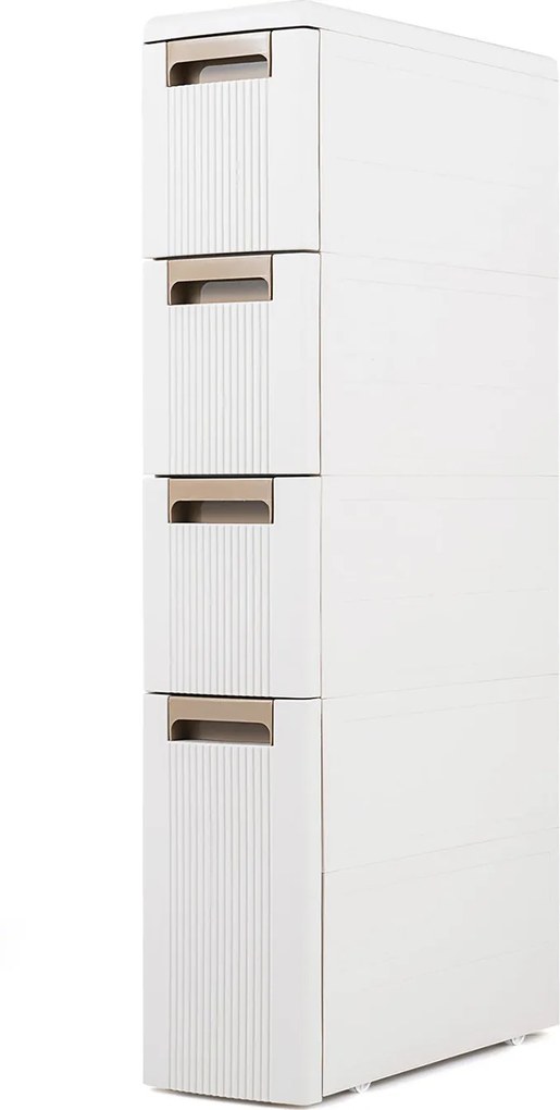 Armário de Arrumação Estreito, 45,5 x 18 x 95,5 cm, 4 Gavetas e Rodas, Bege