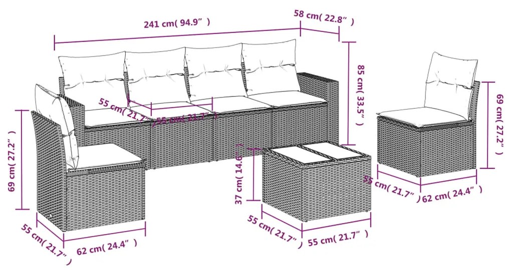 7 pcs conjunto de sofás jardim c/ almofadões vime PE castanho