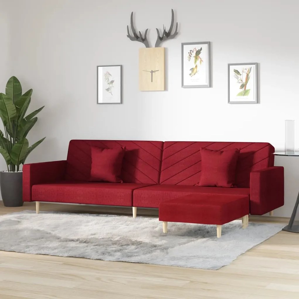 vidaXL Sofá-cama 2 lug. + 2 almofadas/apoio pés tecido vermelho tinto