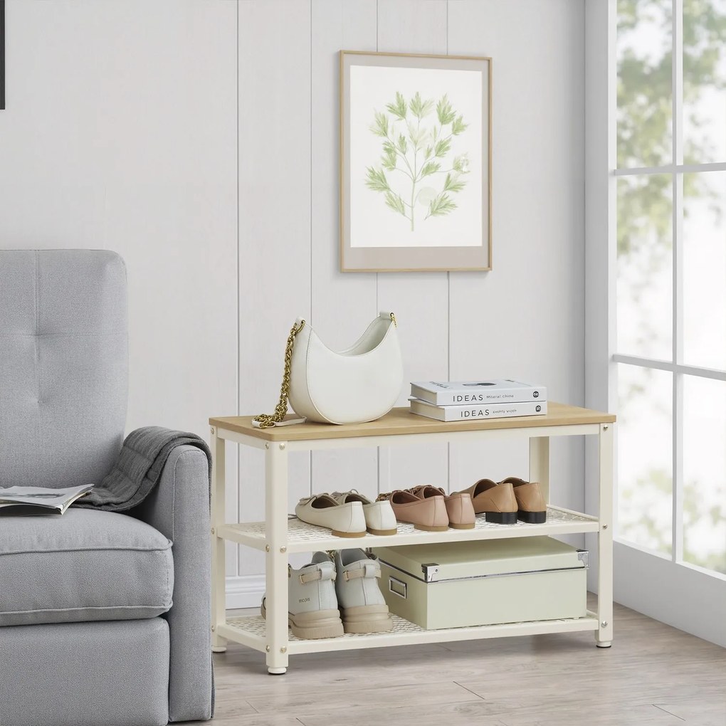 Banco para sapatos com 2 prateleiras em rede, sapateira, 30 x 73 x 45 cm Bege-branco