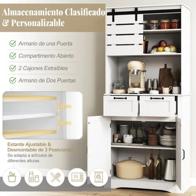 Armário de despensa de cozinha 80 x 40 x 180 cm com tomada elétrica com portas, gavetas e prateleira ajustável Suporte branco