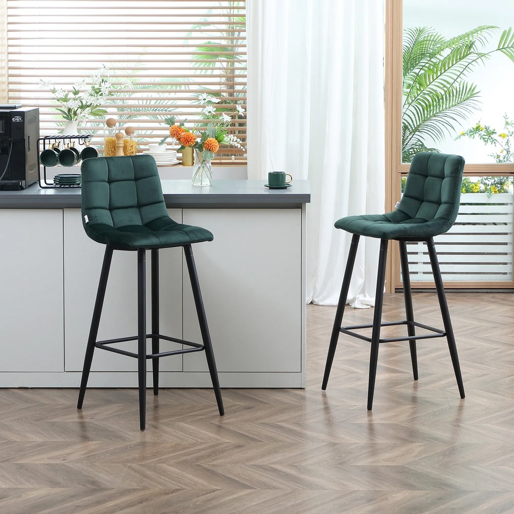 Conjunto de 2 bancos de bar, com assento em veludo acolchoado e pés em aço, altura 77 cm, verde escuro