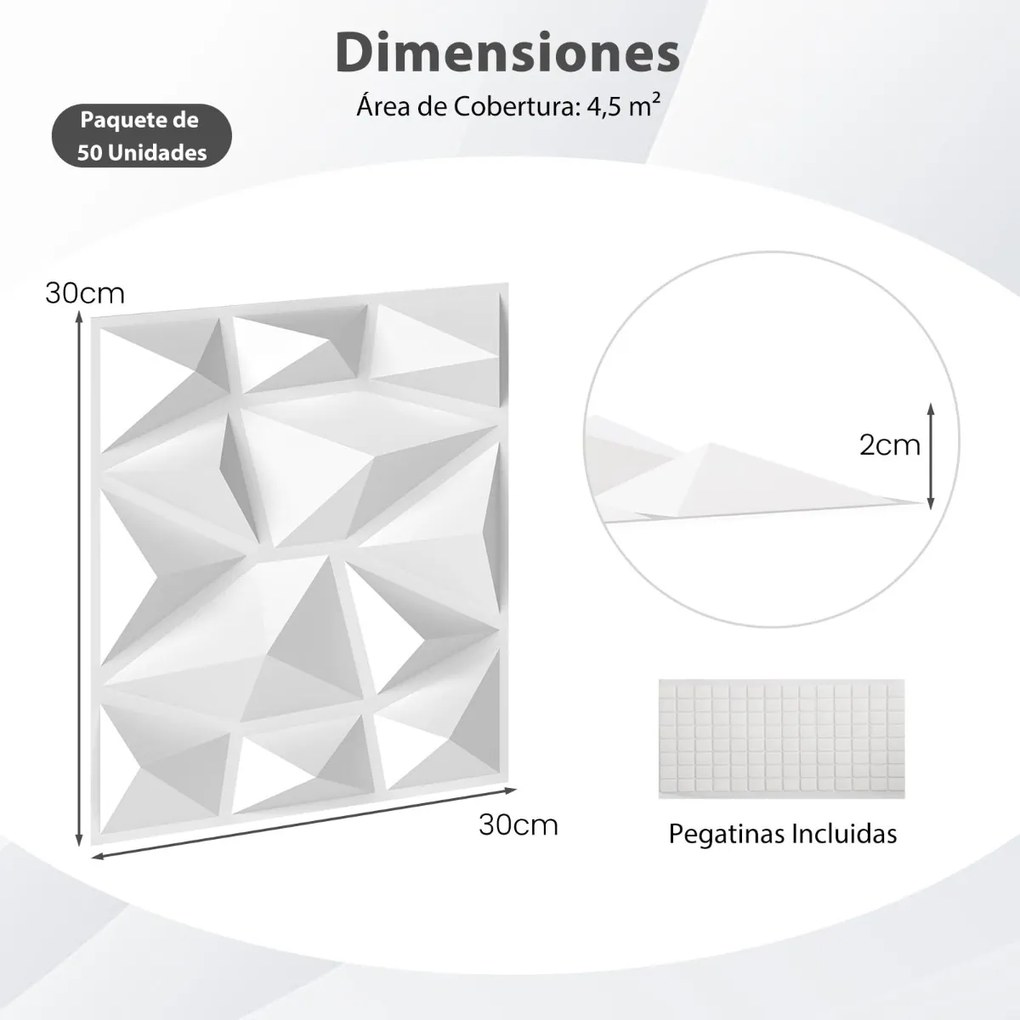 50 peças de painéis decorativos para paredes 3D em PVC impermeável para casa 30 x 30 x 2 cm branco