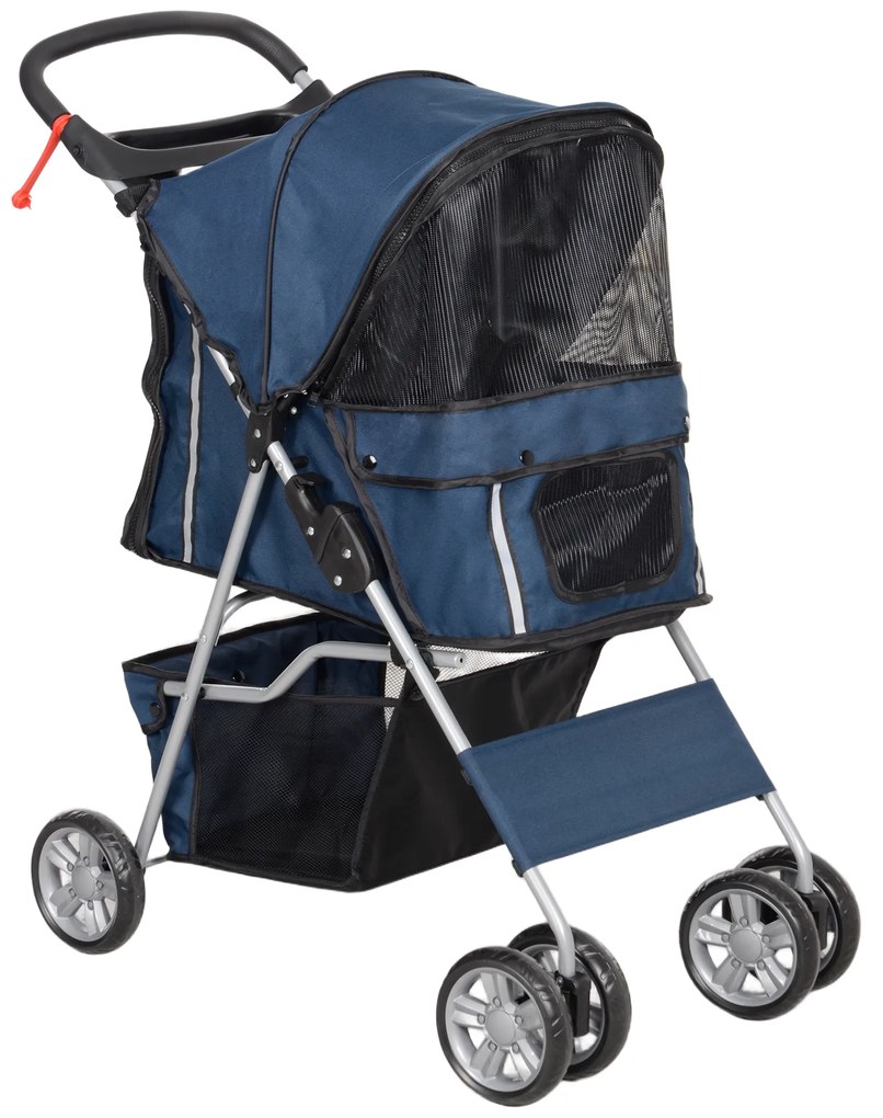 PawHut Carrinho de Passeio para Animais de Estimação Dobrável com Cesta de Armazenamento e Travão 75x45x97cm Azul Escuro | Aosom Portugal