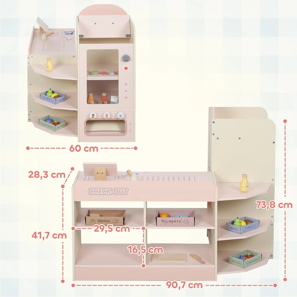 Supermercado de Brincar em Madeira Loja com Caixa Registadora Máquina de Venda Automática 3 Prateleiras Abertas 4 Compartimentos 90,7x60x73,8 cm Rosa