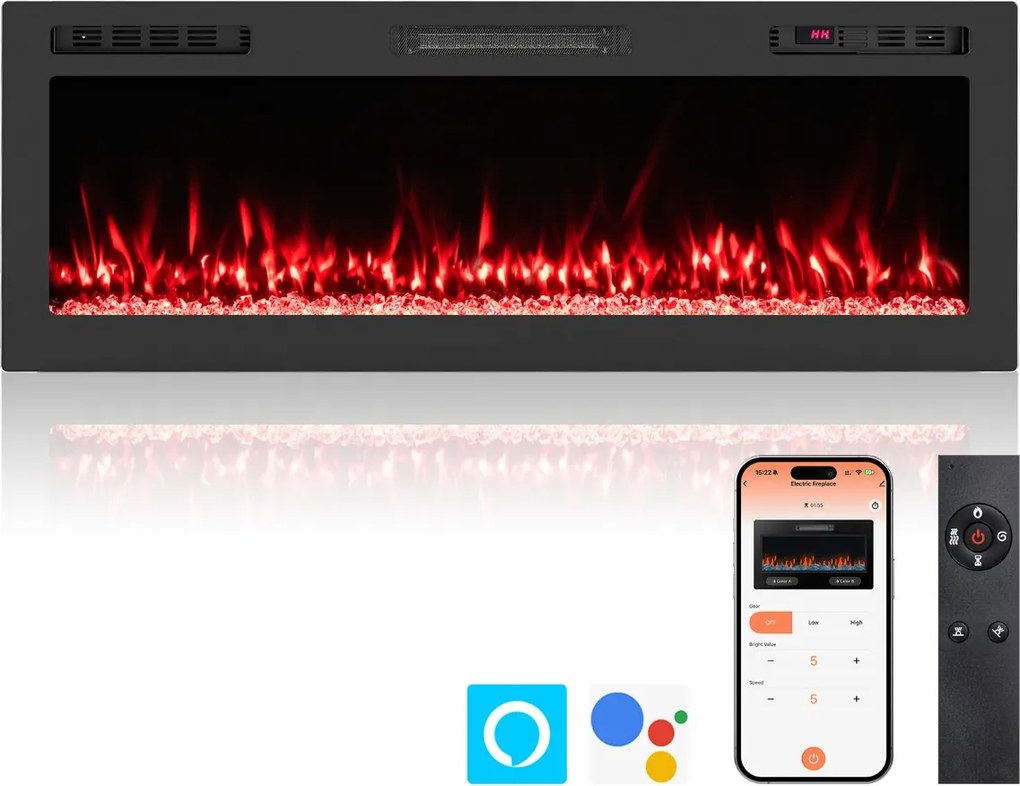 Lareira elétrica 91,4 x 10 x 46 cm embutir 750 W/1500 W compatível com Alexa e Google Assistant  com controle remoto/APP 12 cores preta