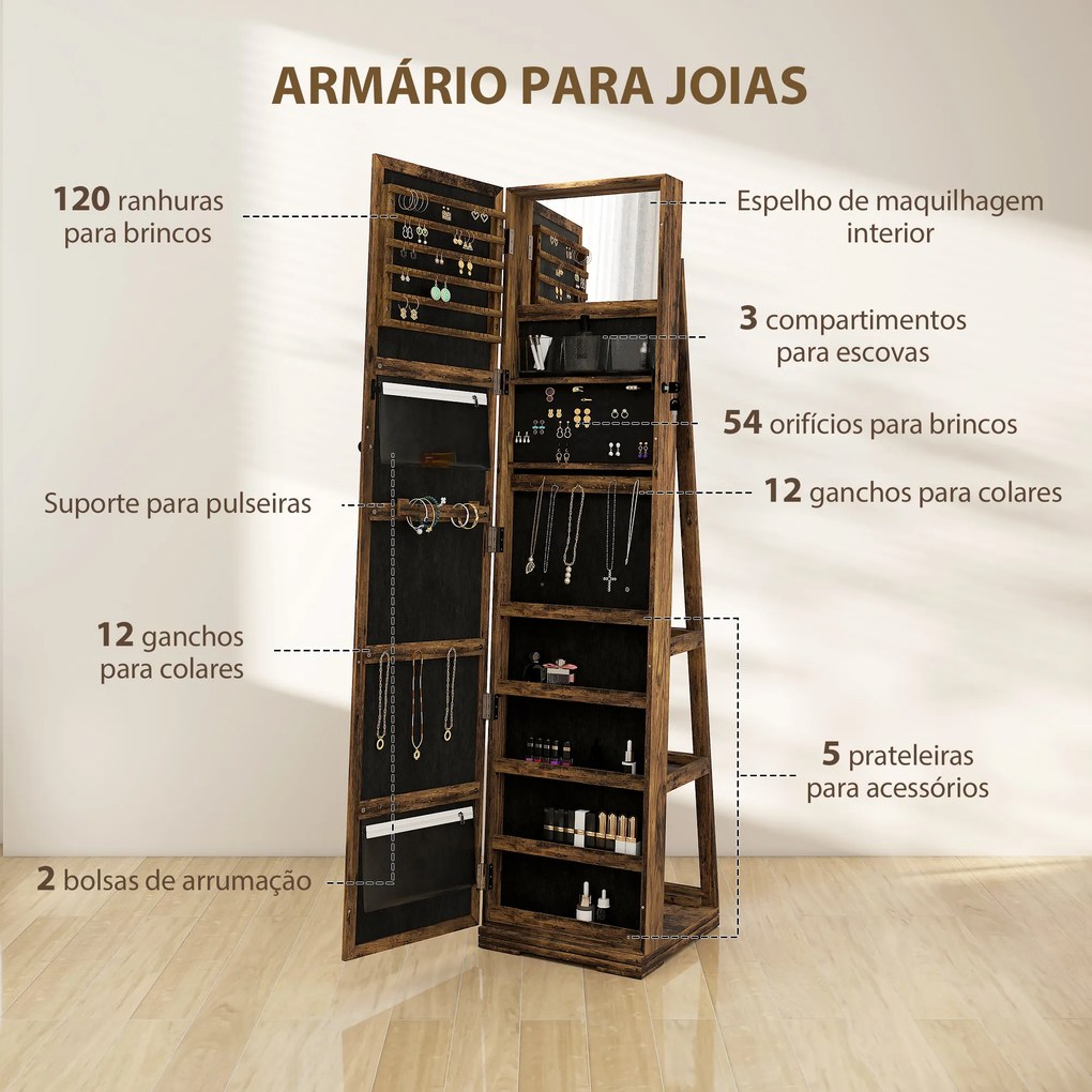 Joalheiro de Pé Armário para Jóias 360° com Fechadura e Espelho Incorporado Carga Máxima 20 kg 38x38x160 cm Castanho Rústico