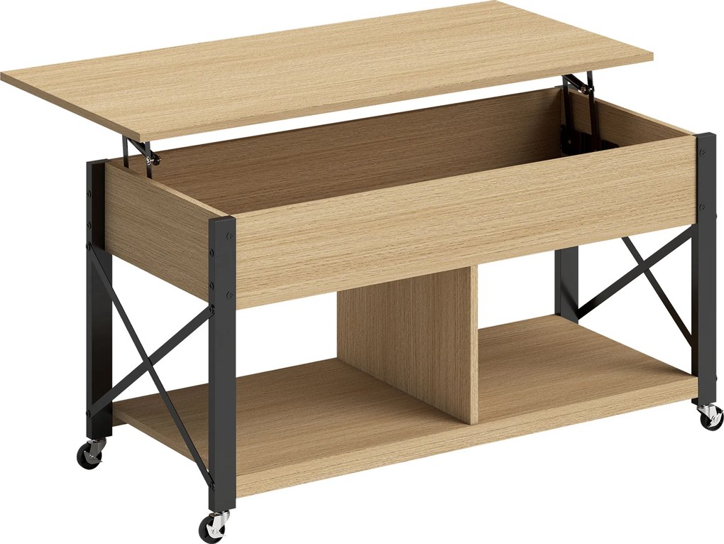 Mesa de Centro Elevatória com Rodas Compartimento Oculto e Prateleiras Abertas 105x50x67 cm Madeira e preto