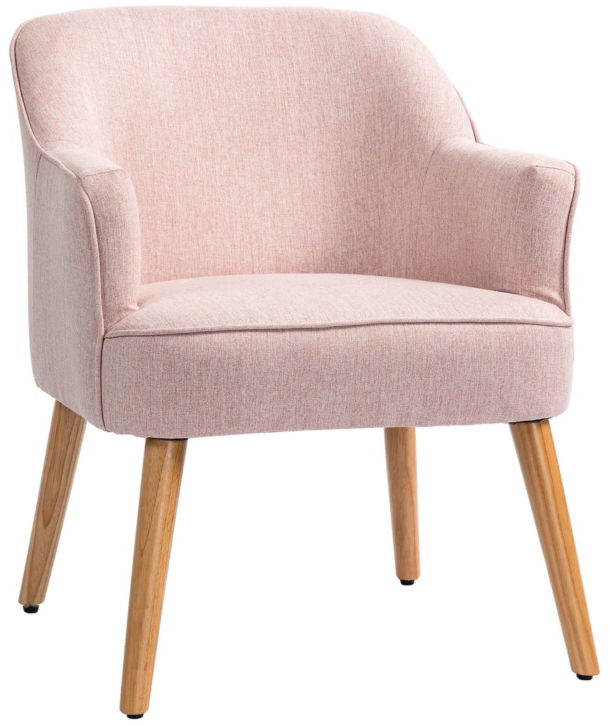Poltrona Estilo Nórdico Estofada em Linho com Pés de Madeira para Dormitório Escritório Estúdio 64,5x65x79,5 cm Rosa