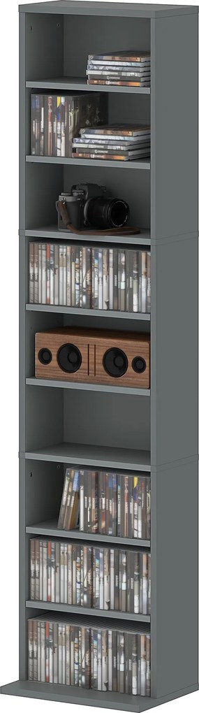 Organizador para CD e DVD com 9 compartimentos e 6 prateleiras ajustáveis; capacidade máxima de 260 CD/120 DVD; 33 x 24 x 140 cm; cinzento