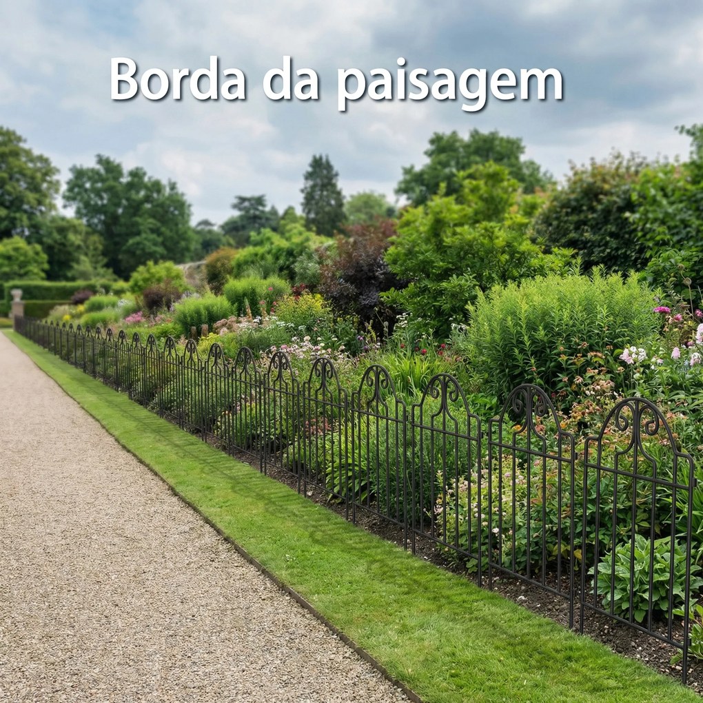 Conjunto de 4 Cercas de Jardim Metálicas 125x57 cm com Design Arqueado Resistente e Fácil de Instalar para Pátio Relva Preto