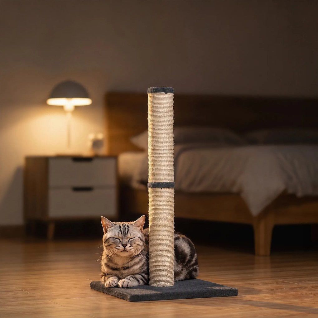 Arranhador para Gatos Leve Alto 80 cm com Corda de Sisal e Base em Aglomerado e Pelúcia Cinza Escuro