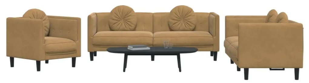 3 pcs conjunto de sofás com almofadas veludo castanho