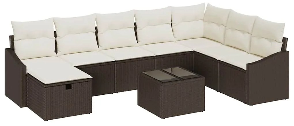 Conjunto de Sofá de Jardim em 9 Peças com Almofadas Castanho Vime Poli