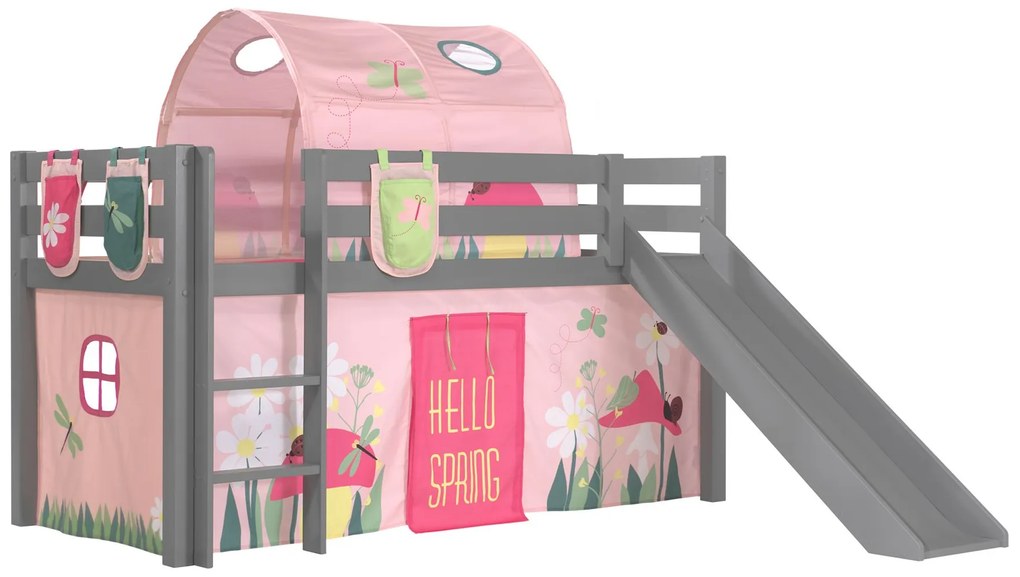 Conjunto Cama alta de Criança PINO 90 x 200 cm + estrado + escada + escorrega + tunel + cortina + bolsas de arrumação Primavera Cinzenta