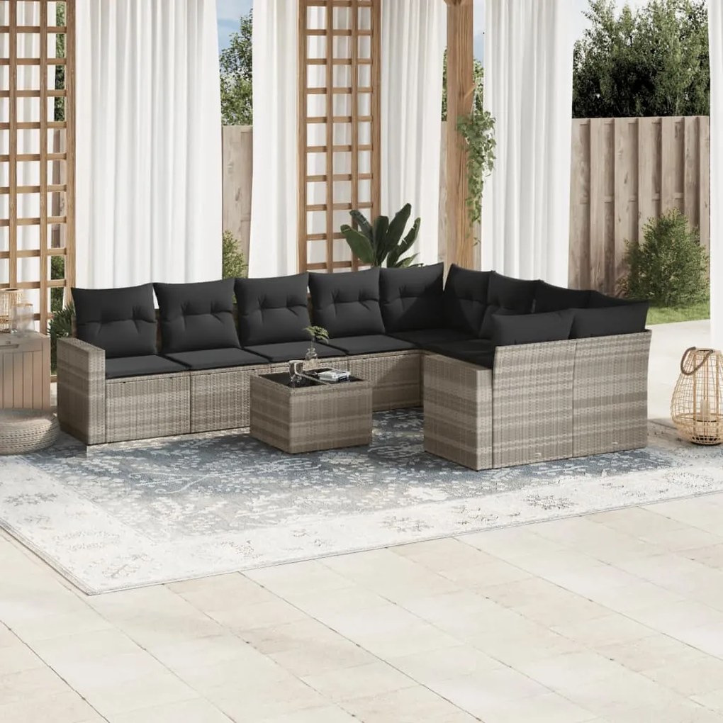 vidaXL 10 pcs conj. sofás jardim com almofadões vime PE cinzento-claro