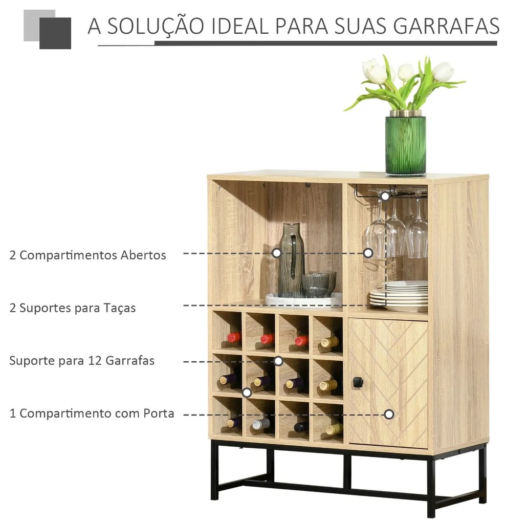 Aparador de Cozinha Armário com 1 Porta Prateleiras Abertas Suporte para 12 Garrafas e 6 Taças de Vinho para Sala de Jantar Bar Restaurante 76x35x97cm