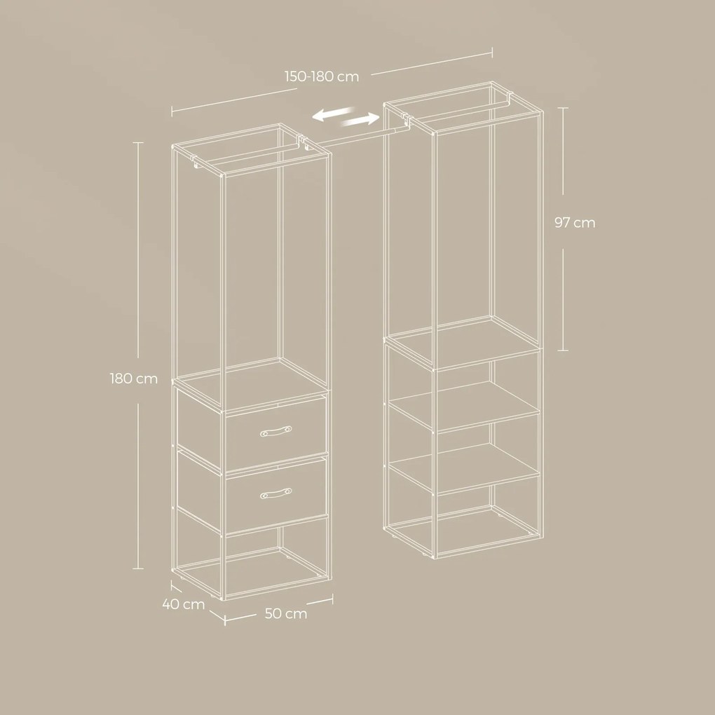 Guarda roupa aberto com 2 gavetas 40 x (150-180) x 180 cm branco e bege natural
