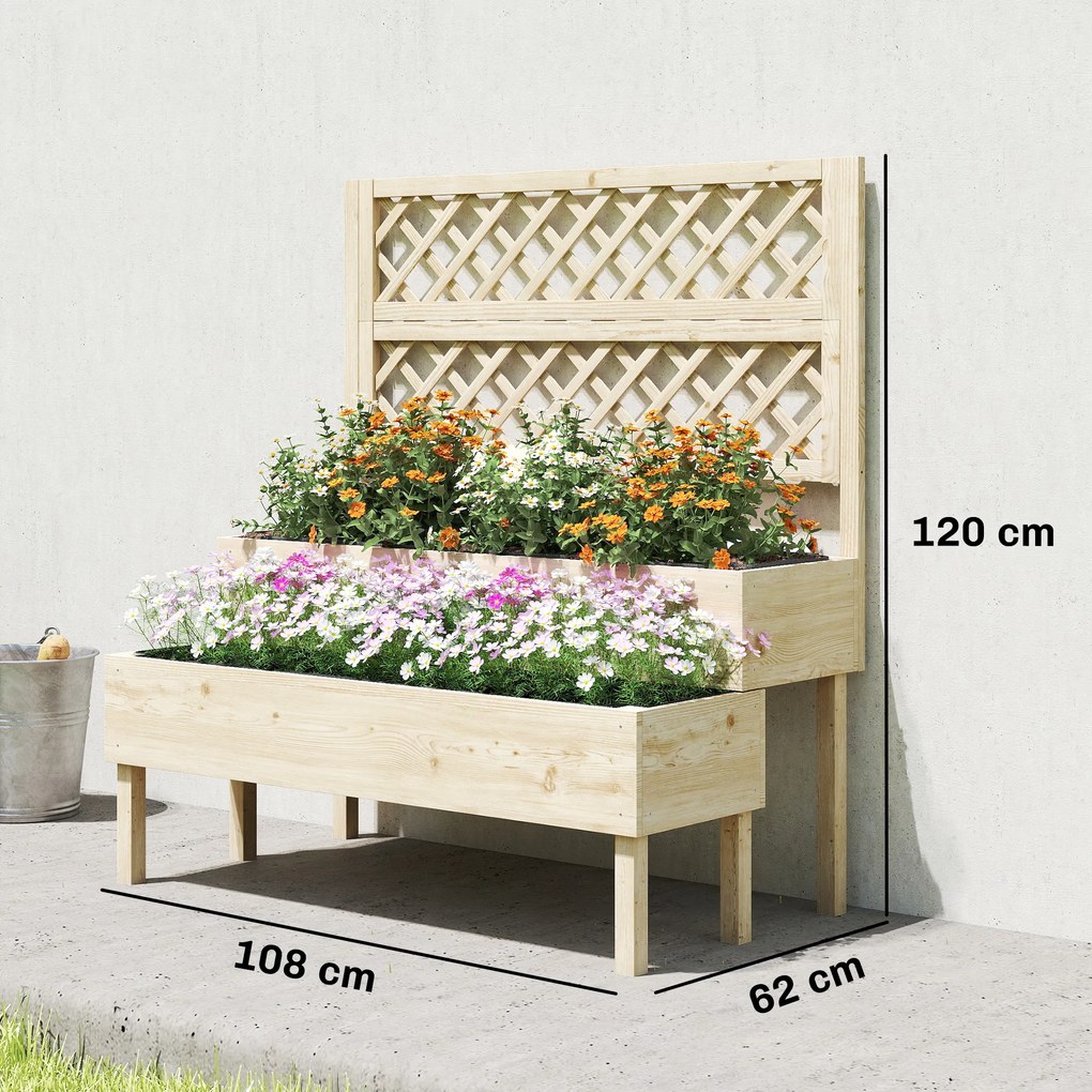Floreira de 2 níveis com treliça, floreira com tecido não tecido, 108 x 62 x 120 cm, efeito madeira natural