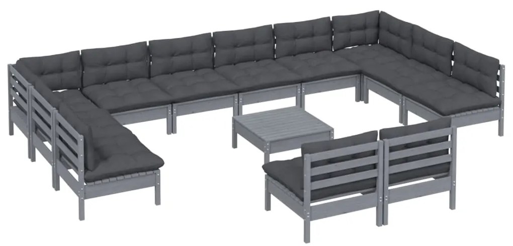 13pcs conjunto lounge de jardim + almofadões pinho maciço cinza