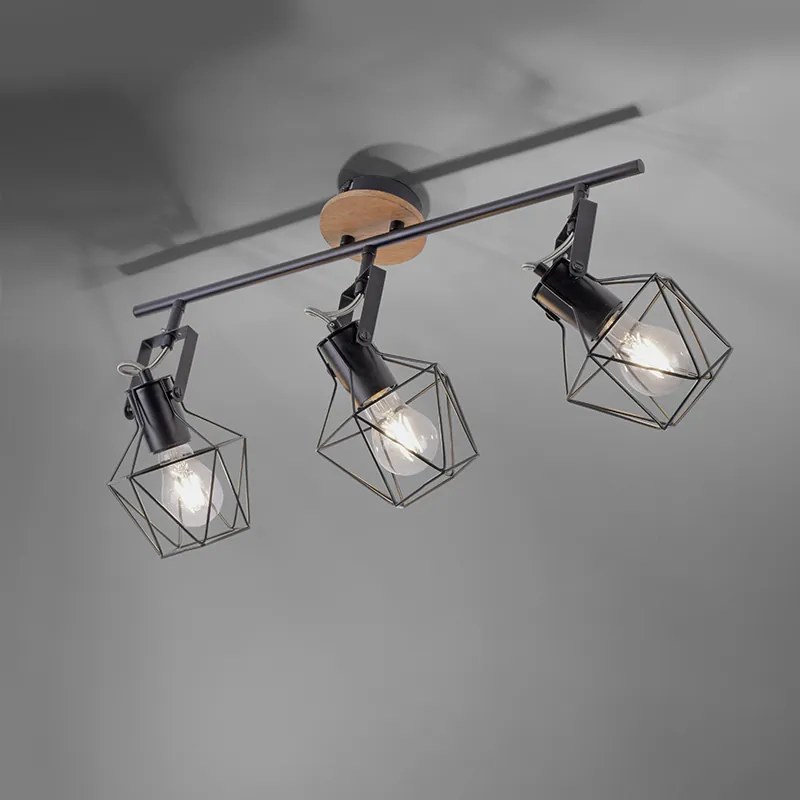Luminária Industrial Preto com Madeira 3 Luzes - Sven Industrial