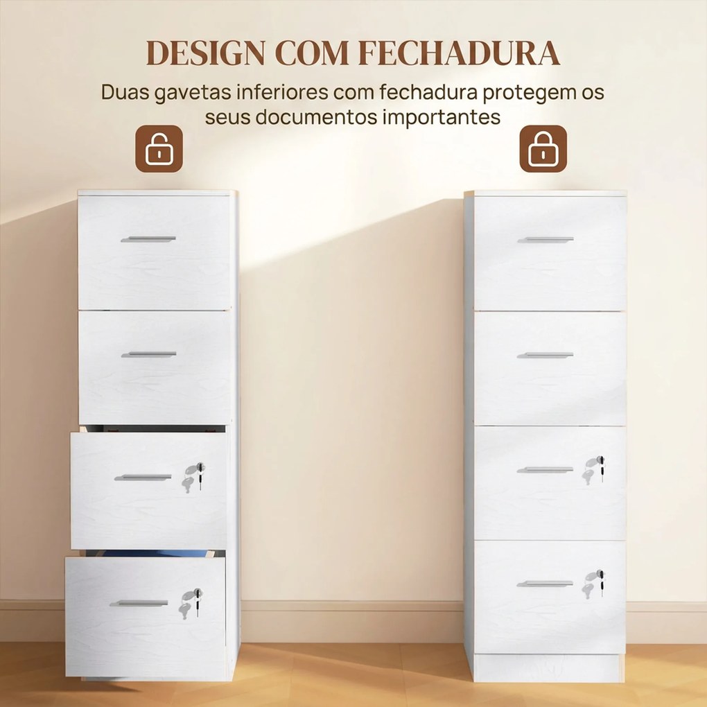 Bloco Gavetas de Escritório com 4 Gavetas Fechadura e Suportes Ajustáveis para Documentos A4 e Letter Branco 40x42x130,8 cm Branco