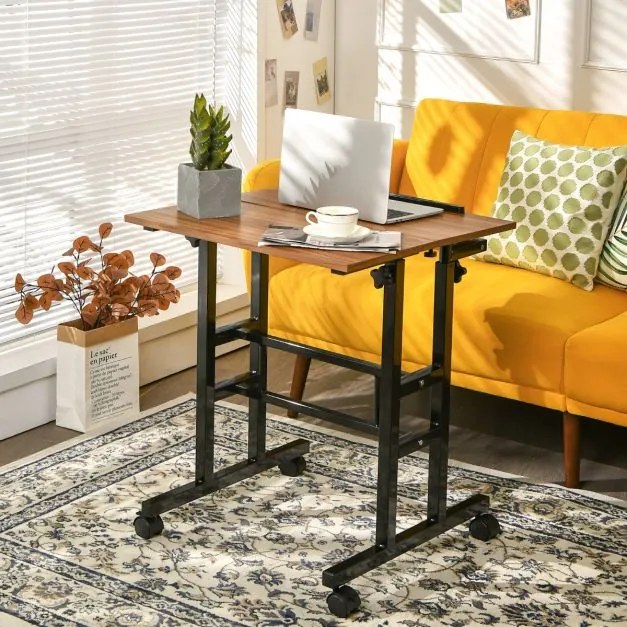 Mesa móvel para computador com rodas Mesa de pé e sentada ajustável em altura para escritório em casa cor nogueira e preto