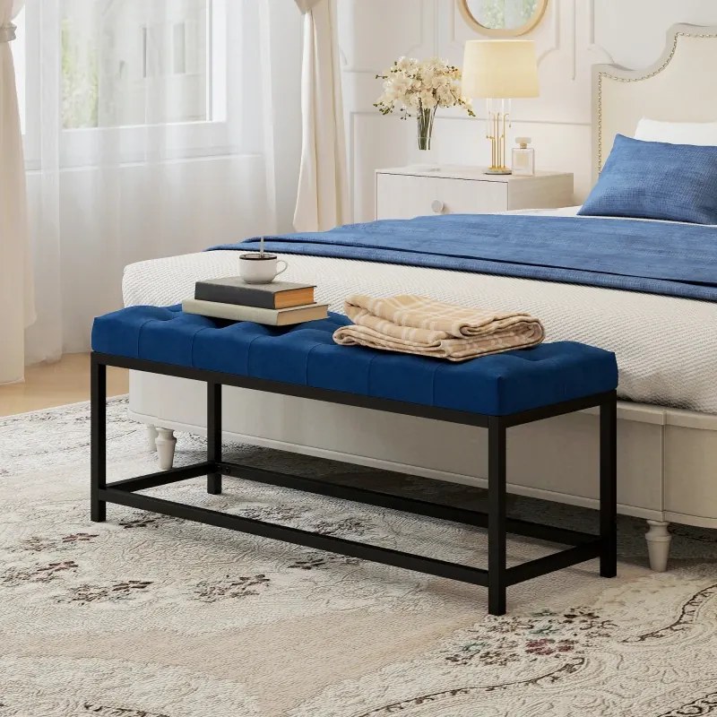Banco entrada ou ao Pé da Cama Estofado em Veludo Design Capitoné Base de Metal Banco para Quarto Entrada Sala 117x40x48 cm Azul Escuro