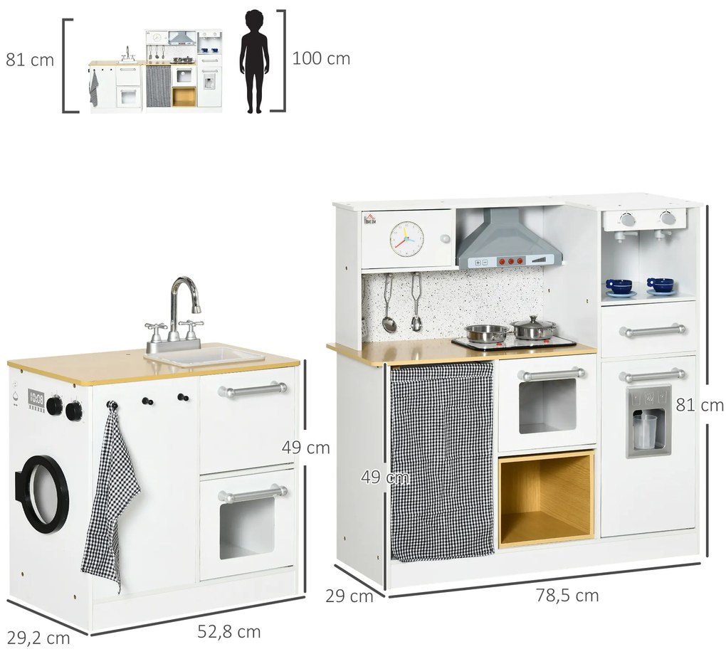 HOMCOM Cozinha Infantil de Madeira Cozinha para Crianças acima de 3 Anos com Luz Sons Máquina de Café Frigorífico Lavatório Branca